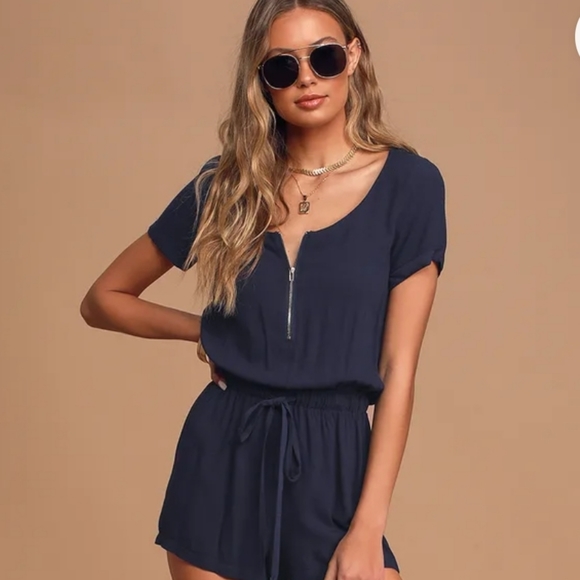 Lulus Pants - Lulu's Kudos Navy Blue Zip Front Romper